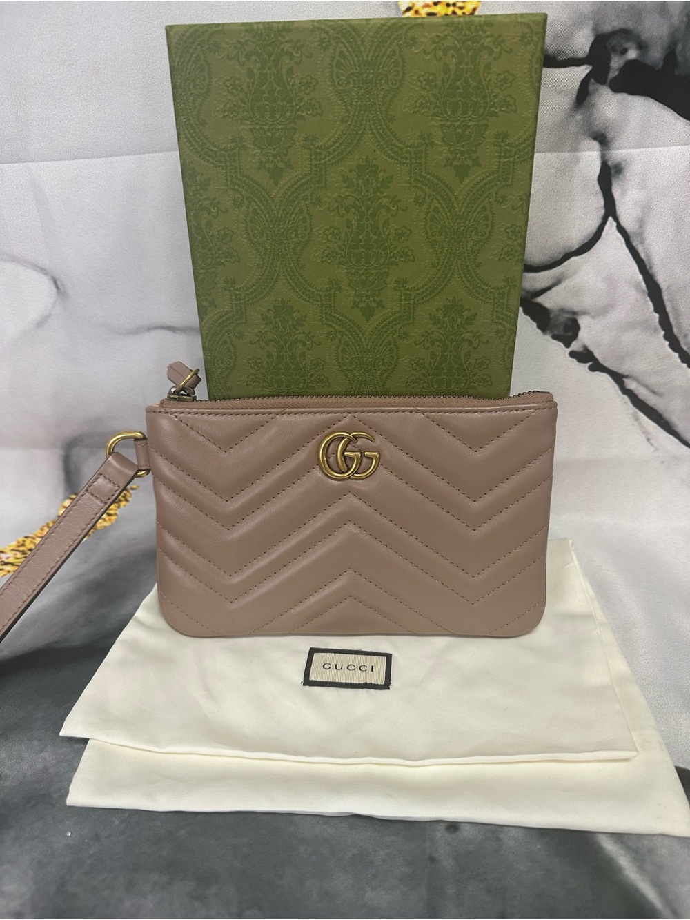 Gucci Dusty Rose Leather GG Chevron Wristlet